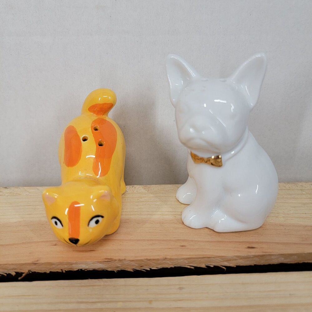 Dog and Cat Salt & Pepper Shakers Ceramic White and Orange
